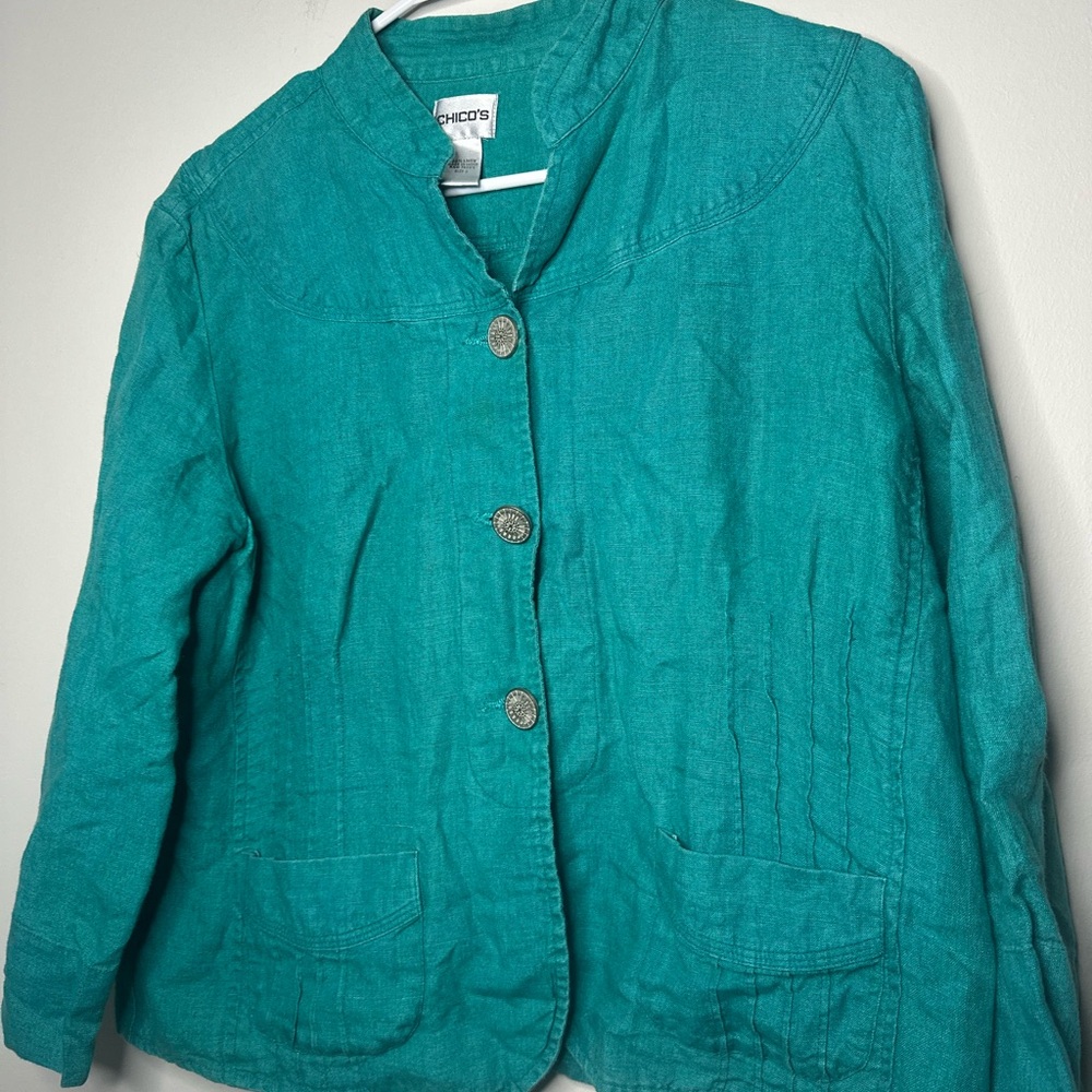 Chicos Women’s 100% Delave Linen Sibley Jade Color Button Down 3/4 Sleeve Jacket - Picture 2 of 6